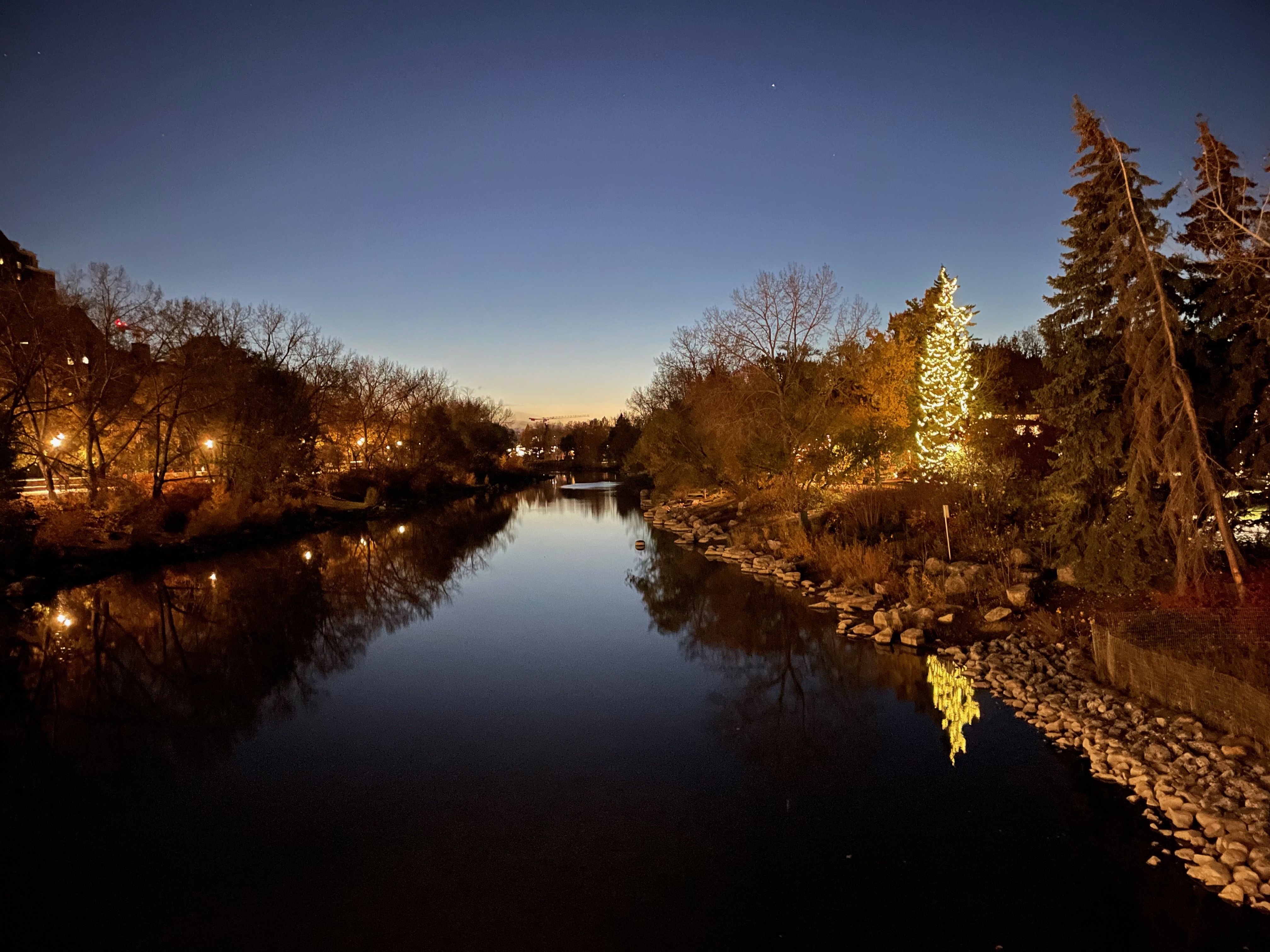 A calm river at dusk reflects dark trees, glowing park lights, and a brightly illuminated evergreen on the right bank. Bare branches and tall evergreens frame the water, while a deep blue evening sky with a few visible stars stretches overhead. Rocky shoreline and warm reflections create a peaceful winter scene.